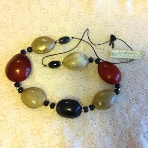 Vintage NEW sandwich jewellery Red Black Beige Oval Beads VTG Art Deco Necklace